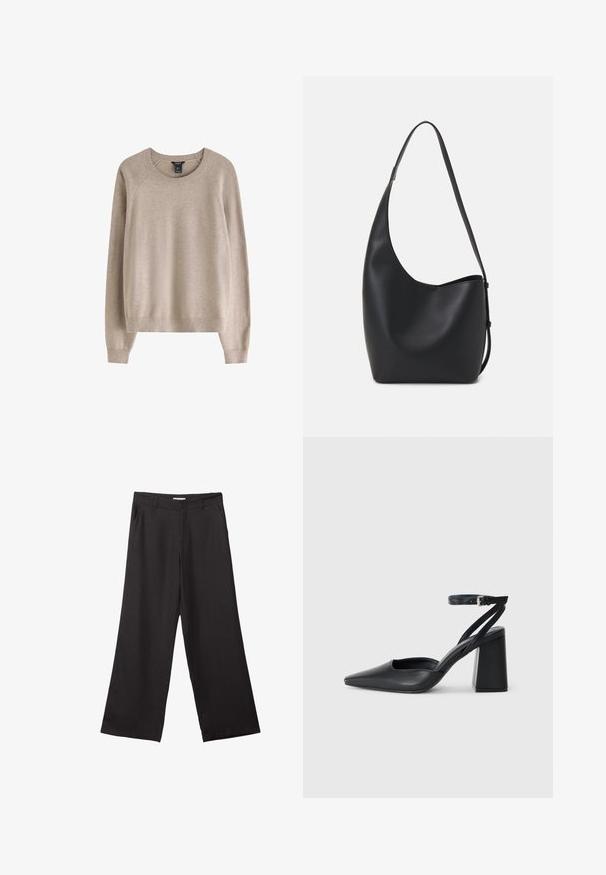 Beige sweater med ribbet rund halsudskæring, lange ærmer og en afslappet pasform, fremstillet af blødt tekstilmateriale.; Sorte bukser med vidde, lavet af glat stof, med en frontlynlås og to sidelommer, i en skræddersyet pasform og minimalistisk design.; Sort læder spidse pumps med ankelrem og en chunky hæl. Flad tekstur, slankt design og minimalistisk æstetik.; Sort læder hobo taske med en glat overflade, buet form og en enkelt justerbar rem; har en bred åbning øverst.