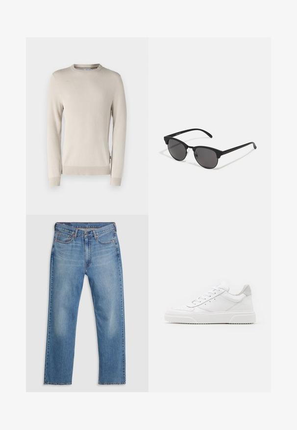 Beige knit sweater featuring a textured pattern, crew neckline, and ribbed cuffs and hem. Made from soft, breathable material.; Blue straight-leg denim jeans with front button and zipper closure, belt loops, and five-pocket design on a white background.; White leather sneakers with a smooth finish, rounded toe, flat laces, and a textured sole. Grey suede accent at the heel.; Black sunglasses with round lenses, matte finish, and distinctive cat-eye shape. Slim arms with subtle branding on the left temple.
