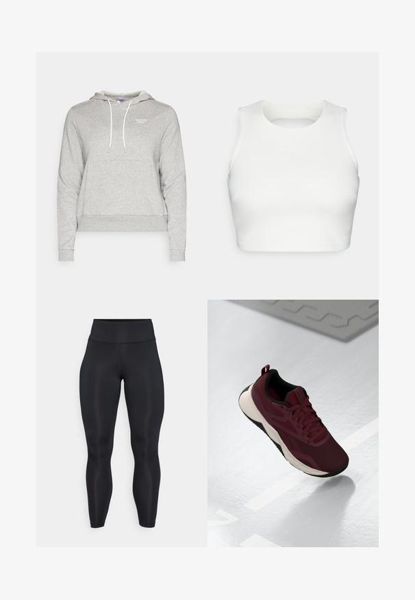 Gaiši pelēks kapuces džemperis, izgatavots no mīkstas auduma, ar frontālo kabatu, baltām auklām un mazu logotipu uz krūškurvja.; Balta bezpiedurkņu topiņš, kas izgatavots no gludas auduma, ar apaļu kakla izgriezumu un atvērtu aizmuguri, ar akurāti šūtām malām.; Melnas augstās jostas līnijas pilna garuma legingi ar gludu audumu un redzamām šuvju detaļām priekšpusē un jostasvietā.; Tumši sarkani sporta apavi ar acu sietu augšdaļu, melniem akcentiem un mīksto balto zoli. Iespējas ar auklām un vilkšanas cilpu uz papēža.