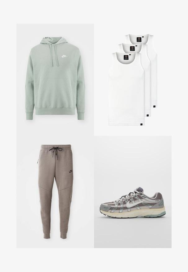 Világos zöld kapucnis pulóver puha anyagból, elülső zsebbel, húzózsinórral ellátott kapucnival és fehér Nike logóval a bal felső oldalon.; Három fehér csíkos pamut trikó. Felső része kerek nyakkivágású, és a szegély közelében kis fekete címkék találhatók. Több méretben elérhető.; Szürke Nike melegítőnadrág húzózsinórral a deréknál, keskeny lábakkal, oldalsó zsebekkel és jellegzetes varrás részletekkel. Puha, texturált anyag.; Szürke sportcipő, hálós és velúr felsőrésszel, fehér részletekkel, párnázott talppal és jellegzetes dizájnnal, amely visszaverő elemeket tartalmaz.