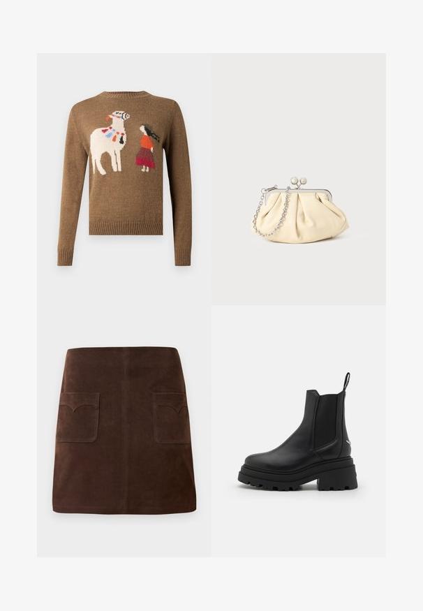 Brown knitted sweater featuring an embroidered design of a llama and a figure in a red and orange outfit. Round neckline and ribbed cuffs.; Brown suede skirt featuring a classic A-line shape, two front pockets with rounded flaps, and subtle stitching details.; Black chelsea boots made of smooth leather with elastic side panels, a thick, ridged rubber sole, and a pull tab at the back.; Pleated beige leather clutch with a silver metal frame, featuring two round decorative clasps and a silver chain strap.