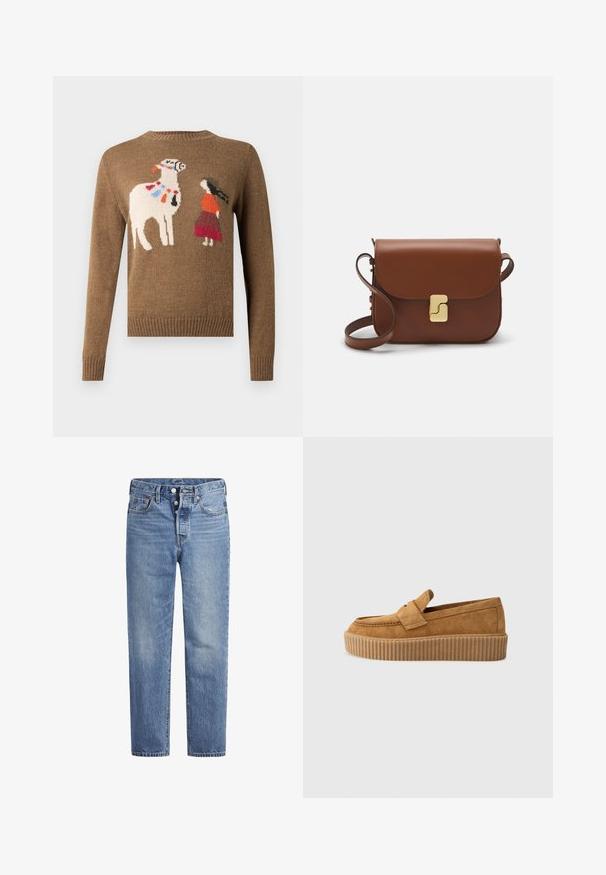 Pull en tricot marron avec un motif brodé représentant un lama et une figure vêtue d'une tenue rouge et orange. Col rond et poignets côtelés.; Jeans en denim bleu clair avec une coupe droite, un design à cinq poches et un bouton pression. Présentent une légère décoloration et des coutures orange en accent.; Mocassin en daim brun à bout rond, avec une semelle plateforme striée et une bande décorative sur le dessus.; Sac à main en cuir marron avec une fermeture à rabat, des accents en métal doré, une bandoulière et une texture lisse. Forme rectangulaire compacte.