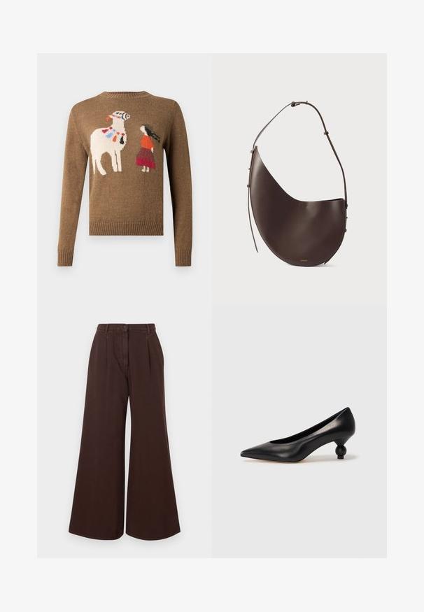 Brūns adīts džemperis ar izšūtu dizainu, attēlojot llamu un figūru sarkanā un oranžā apģērbā. Apaļš kakla izgriezums un riboti aproces.; Augstas jostas vidēja platuma brūni bikses ar pogu un rāvējslēdzēju, jostas cilpām un priekšējām krokām.; Melnas ādas augstpapēžu kurpes ar smailu purngalu un apaļu papēdi. Gluda tekstūra ar elegantu, minimālistisku dizainu.; Brūnas ādas rokas soma ar izliekumu, vienu siksnu un minimālistisku dizainu. Iezīmēta ar nemanāmu logo un zelta apdari.