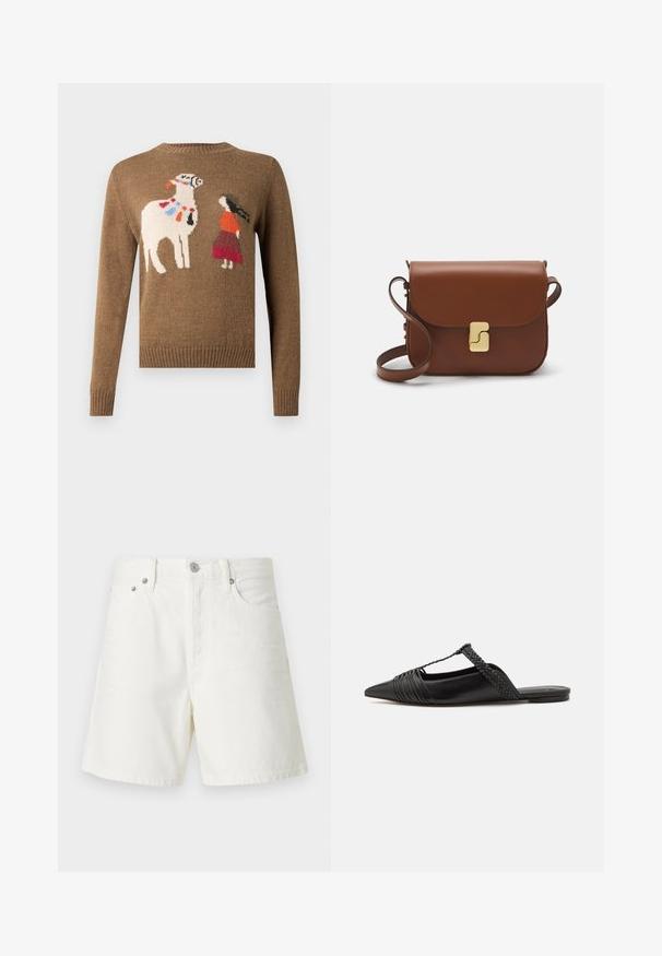 Brązowy sweter dziergany z haftowanym wzorem lamy i postaci w czerwono-pomarańczowym stroju. Okrągły dekolt i ściągacze na rękawach.; Białe dżinsowe szorty o prostym kroju, z pięcioma kieszeniami, z przodu zapinane na guzik, z metalowym wykończeniem i przeszyciami.; Czarny skórzany but na odkrytej pięcie z pointed toe, ozdobiony plecionym akcentem i plisowanym wzorem górnej części. Płaska podeszwa z minimalnymi elementami.; Brązowa skórzana torebka na ramię z klapką, złotymi detalami, paskiem na ramię i gładką teksturą. Kompaktowy prostokątny kształt.