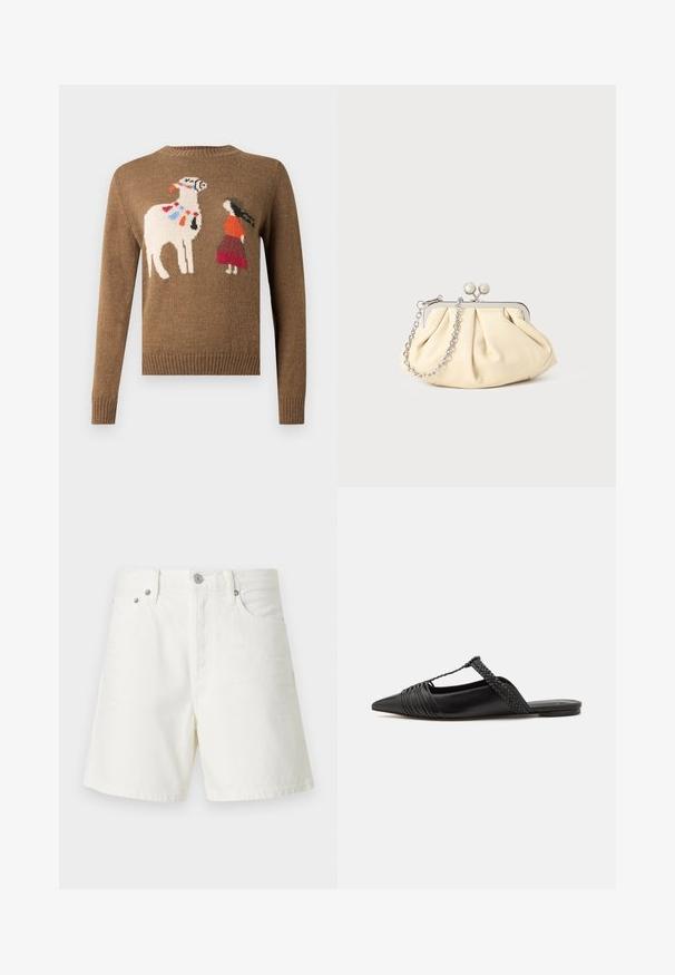 Maglione marrone lavorato a maglia con un ricamo che raffigura una lama e una figura con abito rosso e arancione. Scollo rotondo e polsini a costine.; Shorts di denim bianco con taglio dritto, design a cinque tasche, chiusura frontale con bottone, accessori in argento e dettagli cuciti.; Scarpa slingback in pelle nera con punta appuntita, con un dettaglio intrecciato e un design superiore plissettato. Suola piatta con hardware minimale.; Clutch in pelle beige plissettata con una struttura in metallo argento, dotata di due chiusure decorative rotonde e una tracolla in catena argentata.