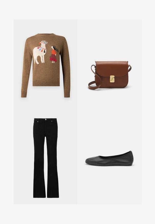 Hnědý pletený svetr s vyšívaným motivem lamy a postavy v červeném a oranžovém oblečení. Kulatý výstřih a žebrované manžety.; Černé zvonové džíny vyrobené z denimu, s dvěma předními kapsami, zapínáním na knoflík a hladkou strukturou. Na švech je viditelné charakteristické prošívání.; Černé kožené baletní byty s kulatou špičkou, hladkou texturou, minimálními švy a flexibilním designem podrážky.; Hnědá kožená kabelka s klopou, zlatými kovovými detaily, ramenním popruhem a hladkým povrchem. Kompaktní obdélníkový tvar.