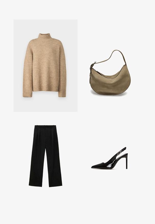 Béžový rolák vyrobený z měkkého, strukturovaného pleteného materiálu. Má žebrované manžety a lem, a uvolněný střih. Klasický a pohodlný design.; Černé široké kalhoty s plisováním, s hladkou texturou a vysokým pasem. Minimalistický styl, žádné viditelné kovové prvky nebo ozdoby.; Černé lakované kožené lodičky na podpatku s špičatou špičkou a jehlovým podpatkem. Obsahuje výřezový design a nastavitelné zapínání s kovovými prvky.; Hnědá semišová hobo taška s zakřiveným tvarem, jedním ramenním popruhem, zipovým uzávěrem a hladkým povrchem. Jednoduchý design s minimem kovových detailů.