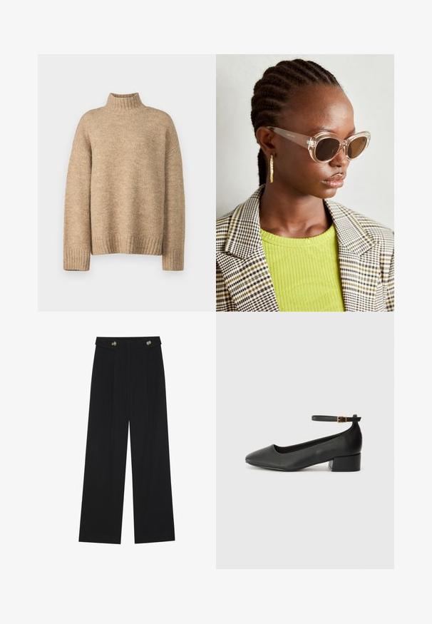 Bež džemper s visokim ovratnikom izrađen od mekanog, teksturiranog pletiva. Ima rebraste manžete i donji rub, te ležeran kroj. Klasičan i udoban dizajn.; Crne hlače širokih nogavica s visokim strukom, s dugmadi na pojasu i prednjim nabora.; Crne kožne pumpe s oštrim vrhom i niskom blok petom. Sadrže remen oko gležnja s zlatnim kopčanjem. Glatka tekstura.; Prozirne mačkaste sunčane naočale s smešnim lećama i transparentnim okvirom. Manekenka nosi zeleni rebrasti top i karirani blejzer. Zlate kružne naušnice.
