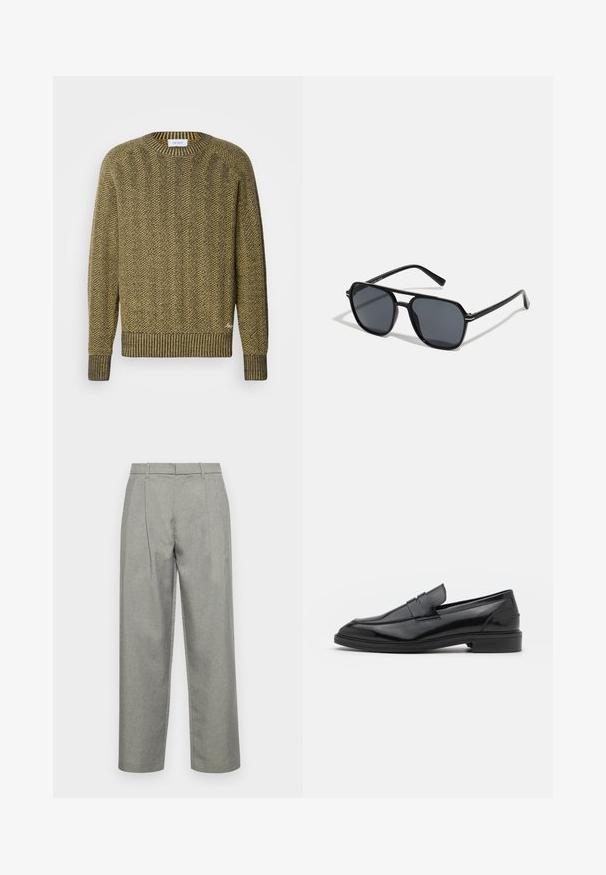 Zelený a žlutý svetr pletený do rybí kosti s žebrovaným kulatým výstřihem a manžetami, s texturovaným tkaným vzorem po celém povrchu.; Šedé vykrojené kalhoty vyrobené z texturované tkaniny, se střihem rovného nohavice, předními sklady a standardním pasem s poutky na opasek.; Černé kožené mokasíny s hladkým povrchem, s kulatou špičkou a úzkým páskem přes svršek. Nízký vrstvený podpatek.; Černé sluneční brýle s osmiúhelníkovým rámem, tmavými čočkami, lesklým povrchem, tenkými nožičkami a zlatými akcenty na přední části.