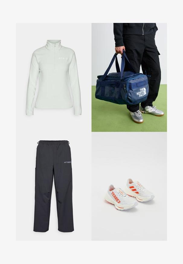 adidas Terrex Fleece jumper - linen green; Black, lightweight outdoor pants with an elastic waistband, side pockets, and a logo on the upper right leg. Smooth, water-resistant fabric.; White running shoes with orange accents. Mesh material, rounded toe, and thick midsole. "TERREX" printed on lateral side and three stripes on heel.; Person in black pants and silver sneakers carrying blue The North Face duffel bag by its handles against green floor.