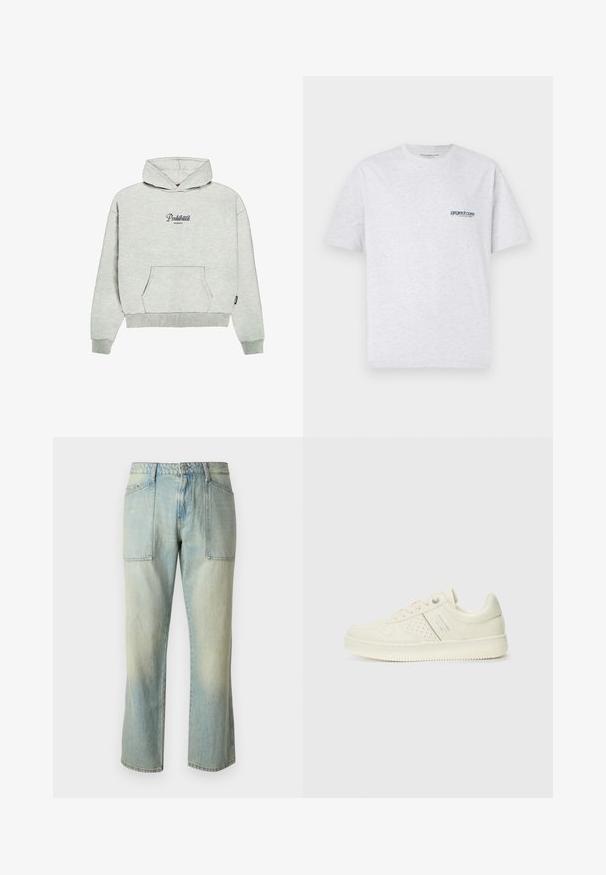 PROHIBITED - Bluza z kapturem; Szara koszulka z krótkim rękawem z małym niebieskim logo "project core" po lewej stronie klatki piersiowej, wyeksponowana na jednolitym tle.; Jasnoniebieskie dżinsy z prostymi nogawkami, widocznymi szwami i dwiema dużymi kieszeniami z przodu. Tkanina ma wyblakłą strukturę.; Kremowe sneakersy z perforowanymi detalami, sznurowadłami i logo z boku, prezentowane na jednolitym białym tle.