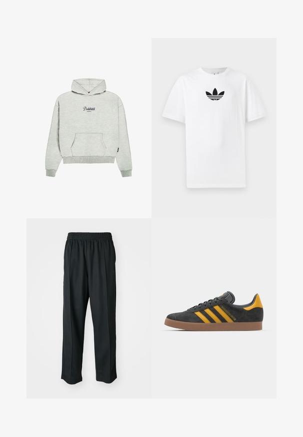 PROHIBITED GARMENT - Mikina s kapucí - greymelange; Bílá bavlněná tričko s černým logem Adidas uprostřed. Krátký rukáv a design s kulatým výstřihem. Hladká textura.; Černé sportovní kalhoty s elastickým pasem, vyrobené z hladké látky, s jemným bočním švem a pohodlným střihem, rovný střih nohavic.; Černé semišové tenisky se žlutými akcenty, vybavené třemi pruhy a hnědou gumovou podrážkou. Obsahují polstrovaný jazyk pro pohodlí.