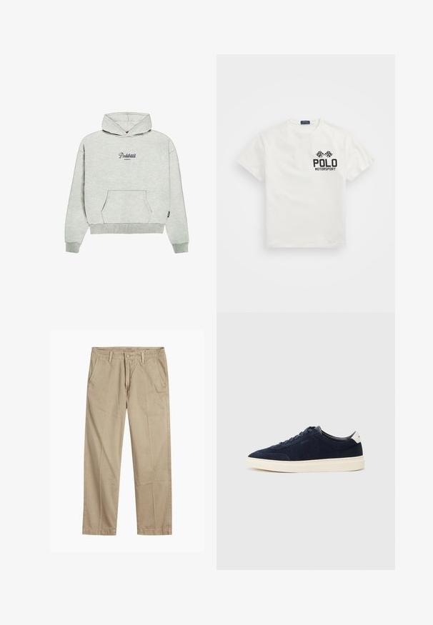PROHIBITED GARMENT - Pulover s kapuco - greymelange; Bela bombažna majica s krožnim vratom, na kateri je črn logotip "Polo Motorsport" in križani šahovnicasti zastavi na levem prsnem delu.; Bežne bež hlače ravnega kroja z zanko za pas, sprednjim gumbom in zadrgo ter bočnimi žepki.; Mornarski semiš športni čevlji z gladkim zgornjim delom iz tkanine, belim gumijastim podplatom in preprostim vezalnim dizajnom. Vsebuje majhno logo na strani.
