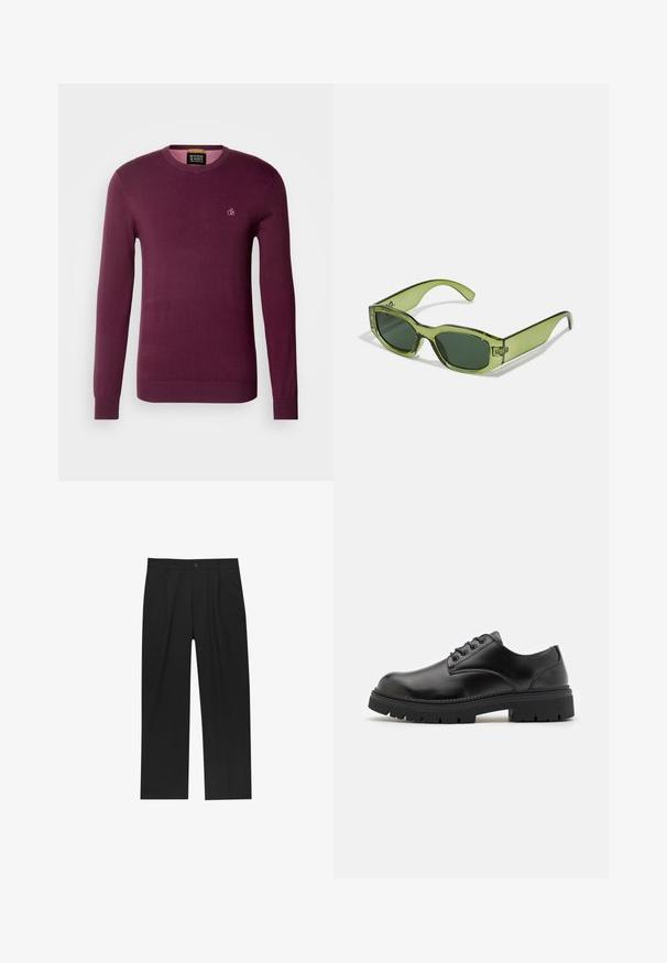 Bordowy sweter z długimi rękawami, okrągłym dekoltem i ściągaczem na dole. Posiada małe, tonalne logo na klatce piersiowej. Gładka struktura, cienki fason.; Czarne spodnie o prostym kroju, wykonane z gładkiego materiału. Posiadają zakładki z przodu i pojedyncze zapięcie na guziki w pasie.; Czarne skórzane buty z zaokrąglonym czubkiem, na sznurówki, z grubą, teksturowaną gumową podeszwą. Cecha to przeszycia wzdłuż krawędzi oraz gładkie wykończenie.; Zielone, przezroczyste okulary przeciwsłoneczne o prostokątnym kształcie, ciemnozielone soczewki i akcent z logo po boku. Gładka tekstura i nowoczesny design.; Srebrny zegarek metalowy z satynową niebieską tarczą, białymi znacznikami godzin oraz wyświetlaczem daty. Posiada ogniwowy metalowy pasek i logo marki.; Srebrny naszyjnik łańcuszkowy z grubymi ogniwami i centralnym okrągłym wisiorkiem z misternym wzorem. Gładka, lustrzana powierzchnia metalu.