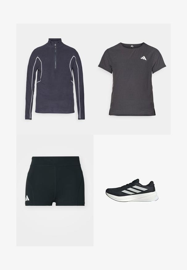 Pullover in pile blu navy con zip e colletto alto, caratterizzato da piping a contrasto bianco lungo le cuciture e una zip metallica. Texture liscia.; T-shirt atletico a maniche corte, grigio scuro con texture perforata. Presenta un logo bianco e strisce laterali a contrasto. Girocollo.; Pantaloni sportivi neri realizzati in tessuto elasticizzato, con vita alta, forma aderente e logo Adidas bianco sul lato sinistro.; Scarpa sportiva nera con tomaia testurizzata, caratterizzata da tre strisce bianche sui lati e un suola intermedia bianca. Design leggero, forma aerodinamica.