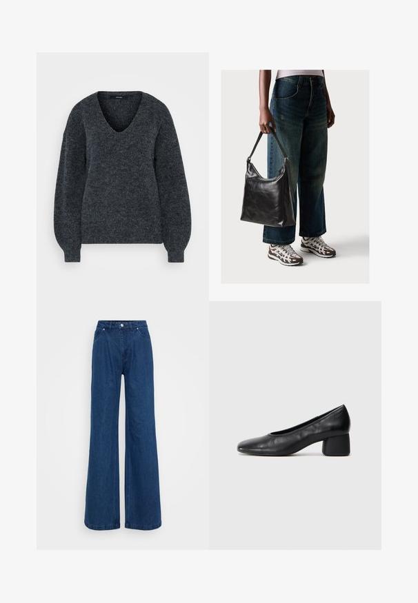 Dark grey knitted sweater featuring a V-neck, long sleeves with a slightly puffed design, and a textured finish.; Wide-leg blue denim jeans with a high waist, front button and zipper closure, and front and back pockets against a plain background.; Black leather pump with a rounded toe and mid-block heel. Smooth texture with minimal detailing, featuring a subtle elastic opening.; Black leather shoulder bag with a smooth texture and adjustable strap, paired with faded wide-leg jeans and athletic sneakers.