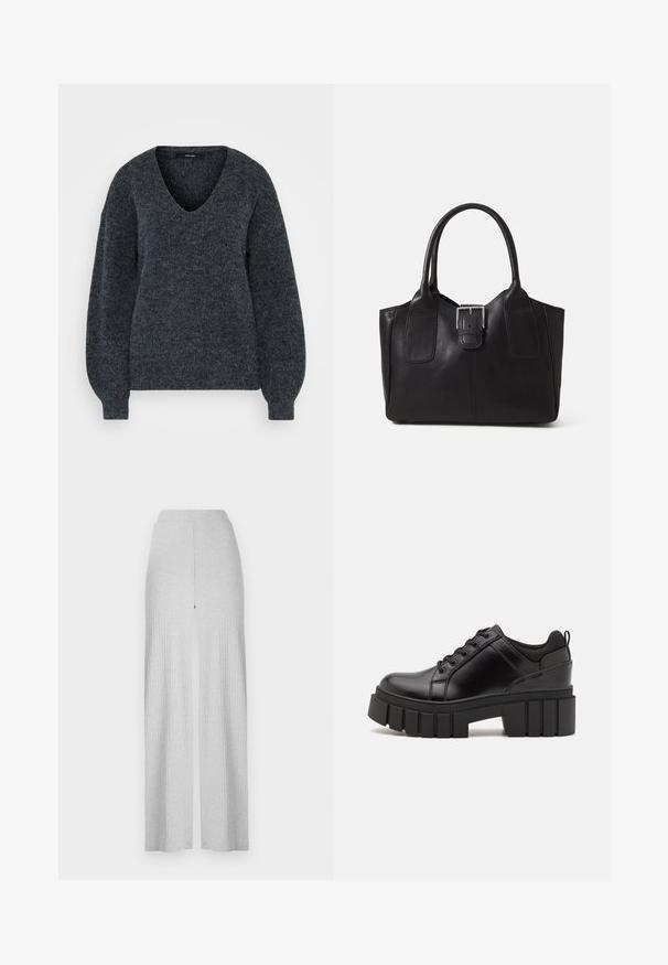 Dark grey knitted sweater featuring a V-neck, long sleeves with a slightly puffed design, and a textured finish.; Light gray ribbed wide-leg pants with a high waistband and a front split. Made of soft fabric with a smooth texture.; Black leather platform shoes with a chunky block heel, round toe, and traditional lace-up design. Features smooth texture and minimal detailing.; Black leather tote bag with smooth texture, structured shape, two handles, and a prominent silver buckle detail on the front.