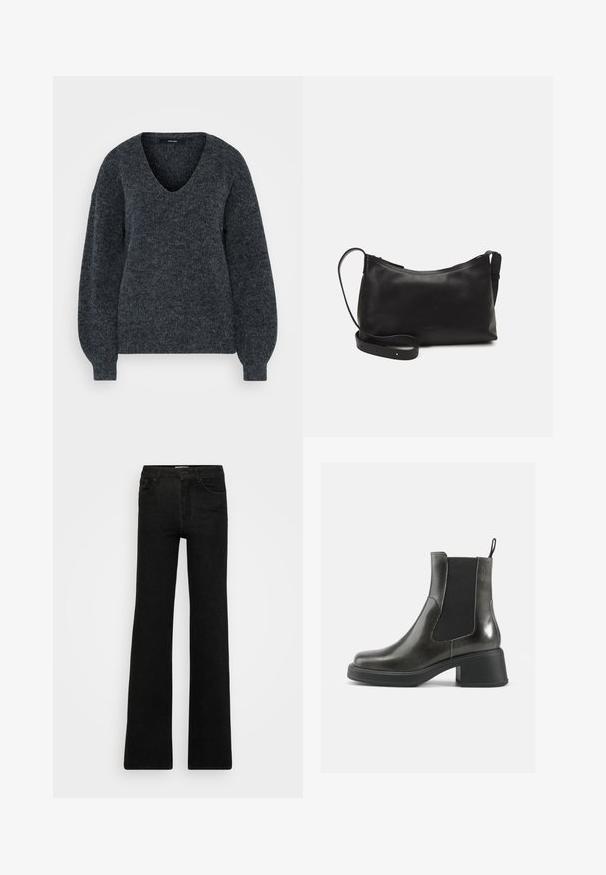 Tumši pelēks adīts džemperis ar V veida kaklu, garām piedurknēm ar nedaudz pūkainu dizainu un struktūru apdari.; Melnas izplūdušās džinsus, kas izgatavoti no denima. Dizains ietver divas priekšējās kabatas un rāvējslēdzēju, ar gludu, vienmērīgu tekstūru un tīrām līnijām.; Melni ādas potītes zābaki ar gludu apdari, elastīgu sānu paneļu un masīvu papēdi. Aprīkoti ar cilpu, kas atvieglo uzvilkšanu.; Melna ādas plecu soma ar gludu tekstūru, izliekta forma, regulējama siksna un rāvējslēdzēja aizdare. Minimālistisks dizains bez rotājumiem.; Sudraba riņķveida auskari ar gludu, pulētu apdari. Apaļas formas, viegla konstrukcija, ar drošu aizdari.