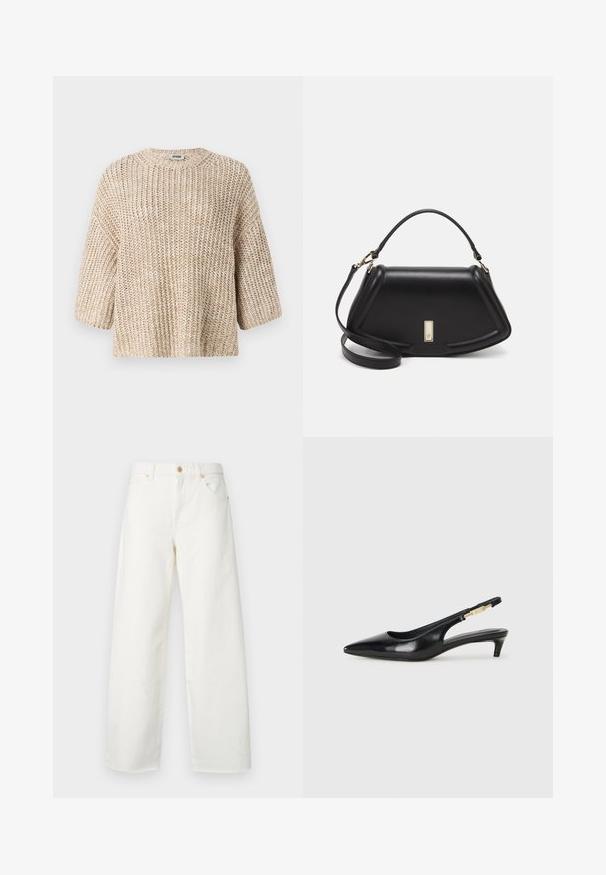 Maglione beige lavorato a maglia con una vestibilità ampia, maniche a tre quarti larghe e scollatura tonda. Fantasia testurizzata con una lavorazione morbida e chunky.; Jeans bianchi a gamba larga in denim. Presentano una chiusura con bottone, tasche frontali e una finitura pulita senza segni di usura o fantasie visibili.; Tacchi slingback in pelle nera con punta affusolata, caratterizzati da un tacco alto e un accento dorato sulla cinghia regolabile. Texture liscia.; Borsa a mano in pelle nera con un design strutturato, caratterizzata da una forma corta, manico superiore e accessori in metallo dorato. Inclusa tracolla regolabile.
