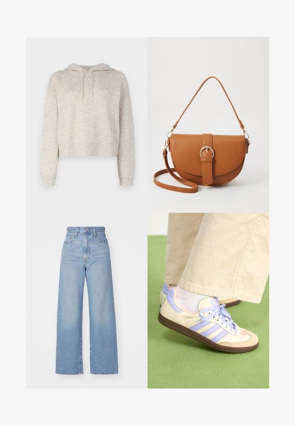 Lysegrå, avkortet hettegenser med strukturert strikk, som har snor i hetta og ribbestrikkede mansjetter og nederkant. Myk, avslappet passform.; Lys blå høytlivs vide jeans med knapp- og glidelås lukking foran, foran og bak lommer, på en hvit bakgrunn.; Kremfargede og lavendelfargede joggesko med tre striper og en teksturert brun såle, med lisser og en polstret hæl. Mykt stofføvre.; Brun lærcrossbody-veske med en buet form, gullhardware og et spenneakcent. Har en avtakbar skulderreim.