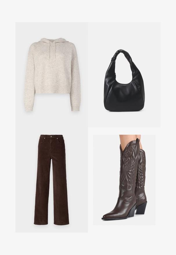 Hanorac scurt de culoare gri deschis, cu un tricot texturat, având un glugă cu șnur și manșete și tiv cu nervuri. Croială moale, relaxată.; Vero Moda VMTESSA WIDE PANTS - Pantaloni - chocolate torte; Bocanci de cowboy din piele maro, cu vârf ascuțit și toc pătrat, având cusături detaliate și accente ridicate pe tijă.; Geantă hobou neagră, fabricată dintr-un material asemănător cu pielea, cu un mâner răsucit, având o formă moale și rotunjită și o închidere cu fermoar deasupra.