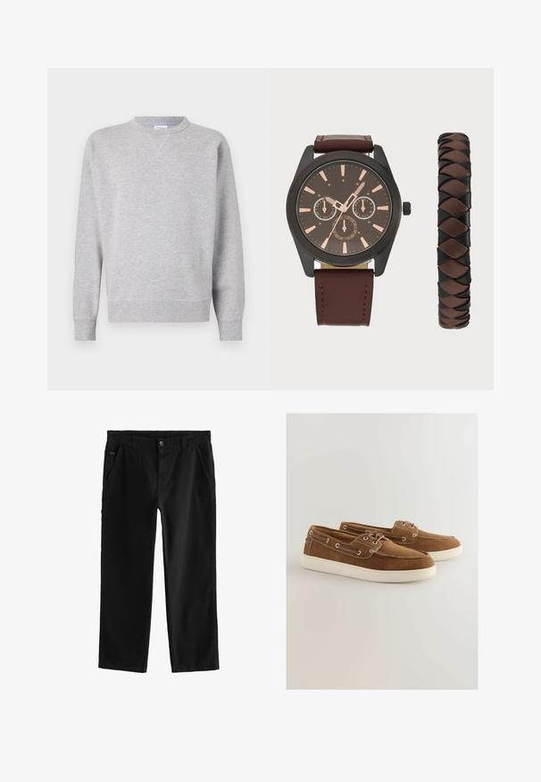 Szürke pulóver puha anyagból, kerek nyakkivágással, hosszú ujjakkal, bordás mandzsettákkal és egyenes aljsó résszel. Nincs látható minta vagy grafika.; Fekete pamut nadrág egyenes szárú dizájnnal, első gombos záródással, ferde oldalsó zsebekkel és diszkrét varrási részletekkel.; Barna velúr cipők fehér gumitalppal, fűzős kialakítással, fém fűzőlyukakkal és eltérő színű varrással a szélén.; Pier One SET - Karóra - black/brown