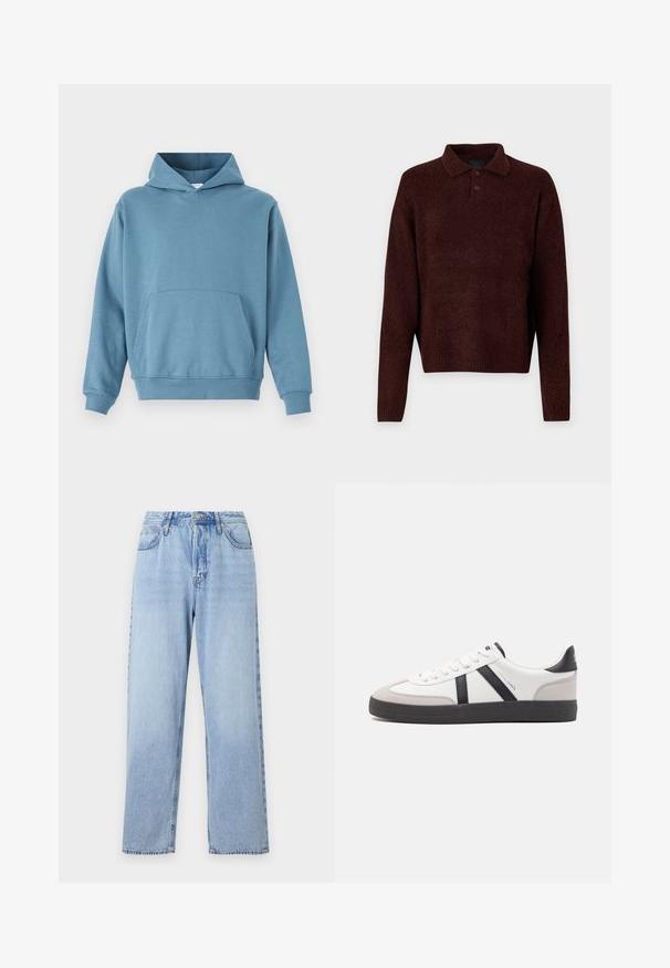 Zila kokvilnas kapuce ar frontā esošu kabatu, garām piedurknēm un vilkšanas kapuci. Gluda tekstūra un ribotas aproces ap apakšdaļu un piedurknēm.; Brūns adīts džemperis ar polo apkakli, trīs pogām pie kakla un garām piedurknēm. Mīksta tekstūra, ribota apakšmala un piedurkņu gali.; Gai zilu džinsi ar taisnu piegriezumu, augstu vidukli, piecām kabatām un augšējo pogu aizdari. Iezīmēts ar izbalējušu mazgāšanu un kontrastējošu šuvju. ; Baltas sneakeris ar melniem un pelēkiem akcentiem, kuram ir teksturēts pelēks purngals, melna gumijas zole un plakanas baltas šņores. Tīrs dizains, minimālisma stils.