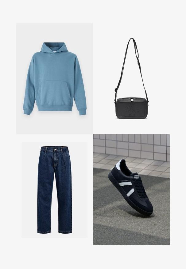 Blauer Baumwoll-Hoodie mit einer Fronttasche, langen Ärmeln und einer Kapuze mit Kordelzug. Glatte Textur und gerippte Bündchen an Saum und Ärmeln.; Dunkelblaue Denim-Jeans mit geradem Bein. Mit sichtbaren Nähten, einem Knopfverschluß und Frontfalten für zusätzliche Details.; Schwarze Leder-Sneaker mit weißen Streifen, strukturiertem Gummisohle und Schnürung. Verfügt über ein Markenetikett auf der Zunge.; Schwarze Leder-Crossbody-Tasche mit einem Reißverschluss, geprägtem Logo auf der Vorderseite und verstellbarem Riemen. Glatte Textur mit rechteckiger Form.