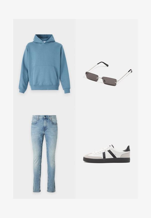 Modra bombažna kapuca s sprednjo žepno, dolgimi rokavi in kapuco z vrvico. Gladka tekstura in rebrasti manšeti na robu in rokavih.; Svetlo modri jeans iz denima s slim fit krojem, ki imajo pet žepov, zadrgo in subtilno zbledela mesta vzdolž nog. Ravna obrobka pri gležnjih.; Bela športna obutev z črnimi in sivo akcenti, z teksturirano sivo kapico za prste, črnim gumijastim podplatom in ravnimi belimi vezalkami. Čista zasnova, minimalistični slog.; Očala za sonce s pravokotnimi, temno sivimi lečami, srebrnimi kovinskimi okvirji in črnimi plastičnimi konicami na ročajih. Lahka zasnova z nosnimi blazinicami.