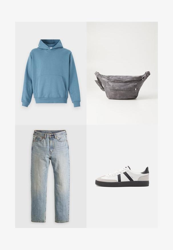 Zila kokvilnas kapuce ar frontā esošu kabatu, garām piedurknēm un vilkšanas kapuci. Gluda tekstūra un ribotas aproces ap apakšdaļu un piedurknēm.; Gai zila denima bikses ar augstu jostasvietu, priekšējo pogu, rāvējslēdzēju un piecu kabatu dizainu, izlīdzinātas uz neitrāla fona.; Baltas sneakeris ar melniem un pelēkiem akcentiem, kuram ir teksturēts pelēks purngals, melna gumijas zole un plakanas baltas šņores. Tīrs dizains, minimālisma stils.; Pelēks zamšādas jostas somiņa ar noapaļotu formu, divām kabatām ar rāvējslēdzējiem un regulējamu siksnu. Iekļauj metāla aksesuārus.