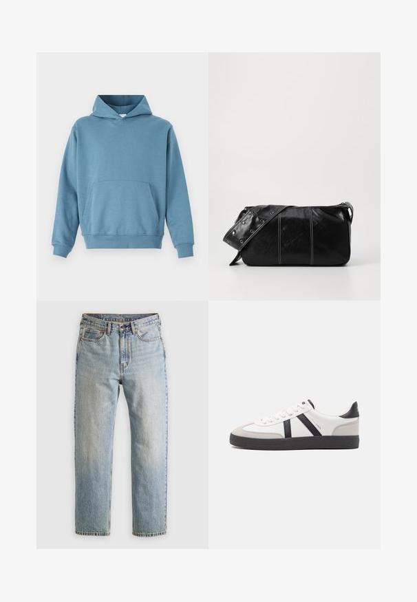 Felpa in cotone blu con tasca frontale, maniche lunghe e cappuccio con cordoncino. Texture liscia e polsini a coste all'orlo e alle maniche.; Jeans in denim azzurro chiaro con vita alta, bottone anteriore, cerniera e design a cinque tasche, adagiati su uno sfondo neutro.; Sneaker bianco con accenti neri e grigi, dotata di una punta grigia testurizzata, suola in gomma nera e lacci bianchi piatti. Design pulito, stile minimalista.; Borsa a spalla in pelle nera con chiusura a zip, caratterizzata da un corpo testurizzato, cuciture bianche e una tracolla con occhielli in argento.