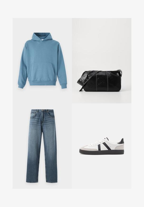 Zila kokvilnas kapuce ar frontā esošu kabatu, garām piedurknēm un vilkšanas kapuci. Gluda tekstūra un ribotas aproces ap apakšdaļu un piedurknēm.; Taisni kāju zili džinsi ar izbalējušu apdari, piecdesmit kabatu dizains, metalizēta pogu un jostas cilpas. Strukturēta, vidēji smaga auduma.; Baltas sneakeris ar melniem un pelēkiem akcentiem, kuram ir teksturēts pelēks purngals, melna gumijas zole un plakanas baltas šņores. Tīrs dizains, minimālisma stils.; Melnas ādas plecu soma ar rāvējslēdzēja aizdari, ar teksturētu virsmu, baltu dūrienu un siksnu ar sudraba iekavām.