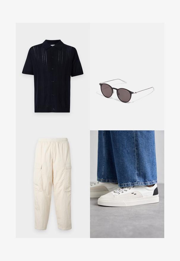 Mørk marineblå kortermet strikket polo-skjorte med krage, med vertikale rillestrukturdetaljer og seks knapper foran.; Beige cargo bukser med elastisk talje, som har to sidelommer og et blødt, let stof. Stribet tekstur.; Hvite og svarte joggesko med en glatt læroverdel, teksturerte detaljer og en kraftig hvit såle. Har en klassisk snøring.; Sorte, runde solbriller med mørke linser og slanke metalarmer. Inkluderer klare temple tips og sølvfargede detaljer ved hengslet. Minimalistisk design.