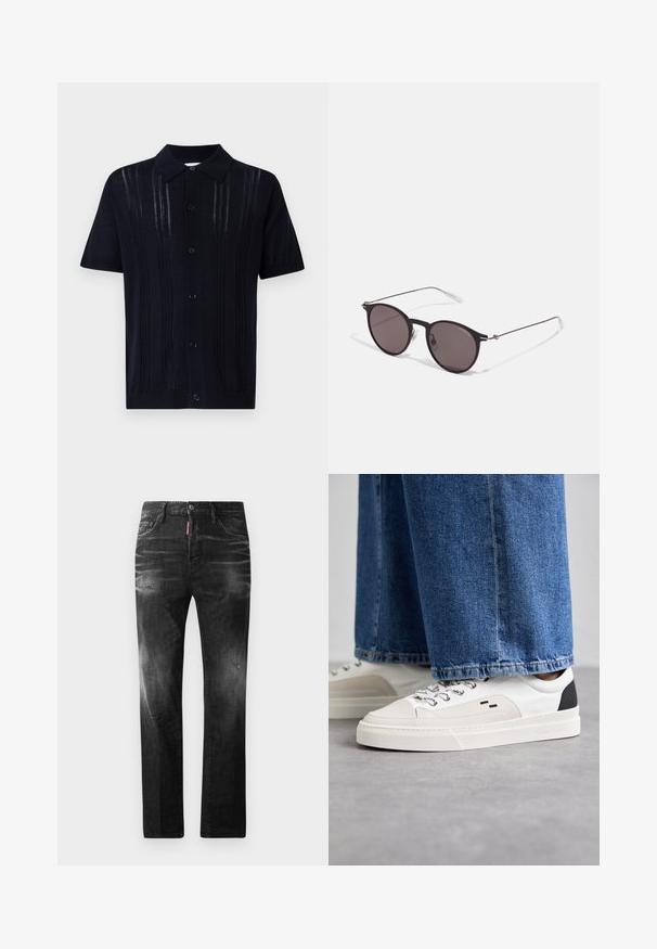Tamsiai mėlynos spalvos trumparasė megztas polo marškinėliai su taškais, turintys vertikaliu raukšlėjimu ir šešiomis mygtukais priekyje.; Juodi džinsai su tiesiu kirpimu. Spalvoti svyrantys plotai, šiek tiek sugadinti, klasikinis penkių kišenių dizainas ir mygtuko uždarymas.; Balti ir balti sportbačiai su lygaus odos paviršiumi, tekstūruotais akcentais ir masyviu baltu padu. Turi klasiką primenančią raištelių užsegimo sistemą.; Juodos apvalios saulės akinių su tamsiais lęšiais ir plonomis metalinėmis šakomis. Įtraukti skaidrūs šventyklų galai ir sidabriniai akcentai vyrio srityje. Minimalistinis dizainas.