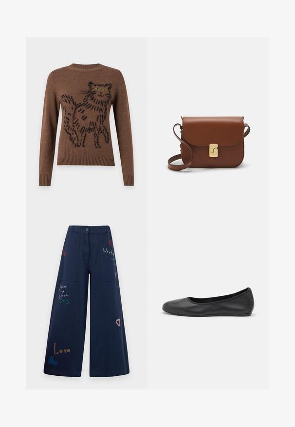 WEEKEND MaxMara OMBROSA - Πουλόβερ - marrone; Μπλε σκούρες παντελόνες σε φάρδος από βαμβάκι με πολλές τσέπες. Διαθέτουν πολύχρωμα κεντημένα κείμενα και γραφικά που περιλαμβάνουν καρδιές και παιχνιδιάρικες φράσεις.; Μαύρο δερμάτινο μπαλαρίνι με στρογγυλή μύτη, λεία υφή, ελάχιστες λεπτομέρειες ραφής και σχεδίαση ευέλικτης σόλας.; Καφέ δερμάτινη τσάντα χειρός με κλείσιμο καπάκι, χρυσές λεπτομέρειες, ιμάντα ώμου και λεία υφή. Συμπαγές ορθογώνιο σχήμα.
