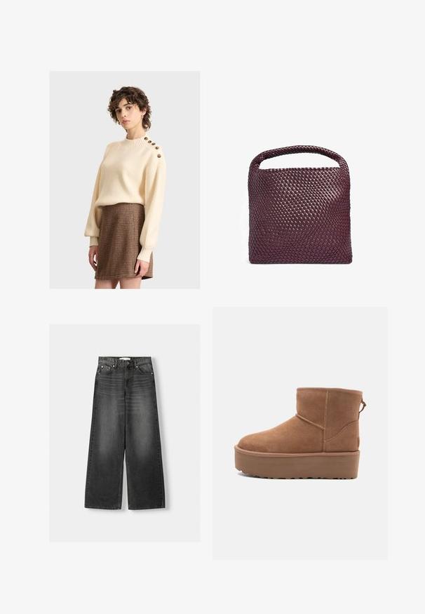 Roomkleurige geribde trui met een hoge kraag en houten knoopaccenten op de schouder, gecombineerd met een gestructureerde bruine ruitjesrok.; Brede pijpen, high-waisted jeans in donkergrijze denim. Kenmerken zijn vijf zakken, metalen klinknagels en riemlussen. Glad textuur met een lichte vervaging.; Tan suède enkellaars met een platformzool, ronde neus en stiksels; heeft een trekband aan de achterkant voor gemakkelijke instap.; Geweven leren handtas in diep bordeauxrood, vierkante vorm met een afgeronde handgreep en een gestructureerd oppervlakpatroon. Minimalistisch ontwerp.