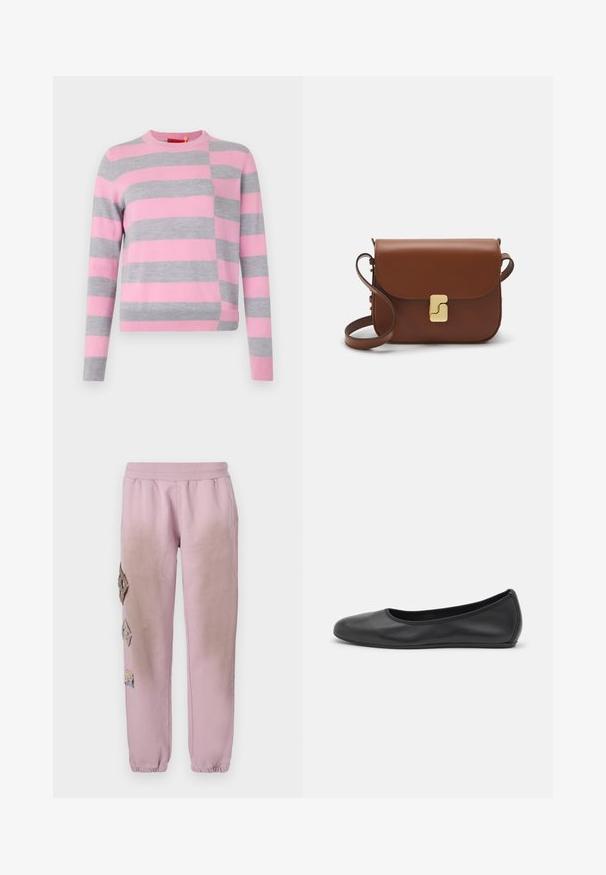 Knit sweater with pink and gray stripes, crew neck, long sleeves, ribbed hem, and a diagonal section with varying stripe placement.; White short-sleeve t-shirt made of ribbed fabric. Round neckline, regular fit, and subtle stitching details. No patterns or graphics.; Pink sweatpants with an elastic waistband, featuring decorative patches in diamond shapes on the left side and elastic cuffs at the ankles.; Black leather ballet flat with a rounded toe, smooth texture, minimal stitching detail, and a flexible sole design.; Brown leather handbag with a flap closure, gold-tone hardware, a shoulder strap, and a smooth texture. Compact rectangular shape.