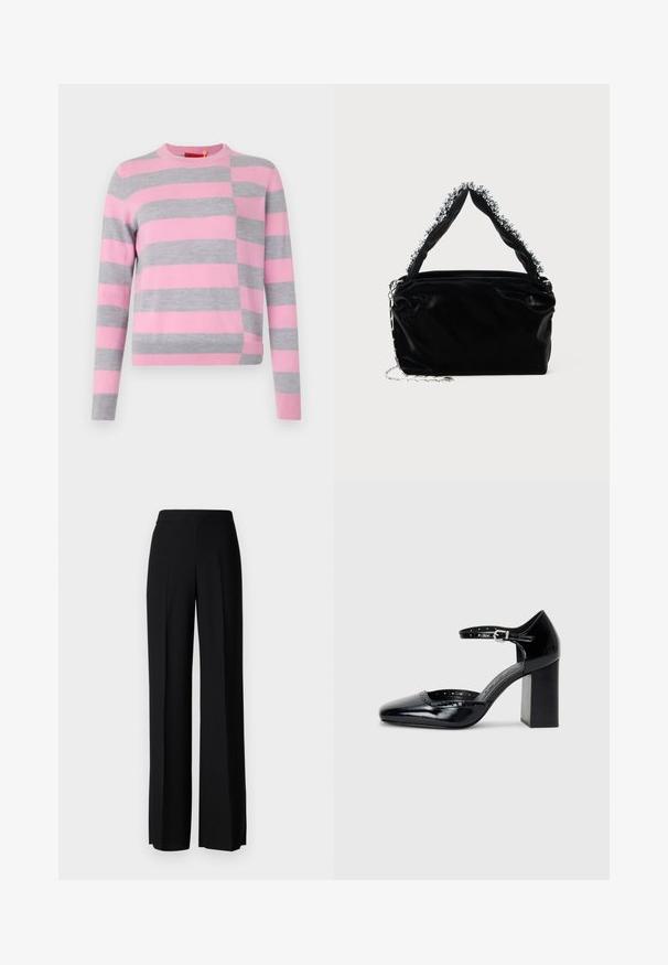 Strikkegenser med rosa og grå striper, rund hals, lange ermer, ribbestrikket kant, og en skrå seksjon med varierende stripeplassering.; Sorte vidde bukser med en glatt tekstur, med høy midje og sentrale folder. Ingen synlige mønstre eller maskinvaredetaljer.; Sorte lakk lær høye hæler med firkantet tå, ankelrem og chunky hæl. Inkluderer perforerte detaljer langs kanten.; Svart veske i faux lær med tekstur, med en perlet sølvdetalj langs det øverste håndtaket og en kjede-rem.