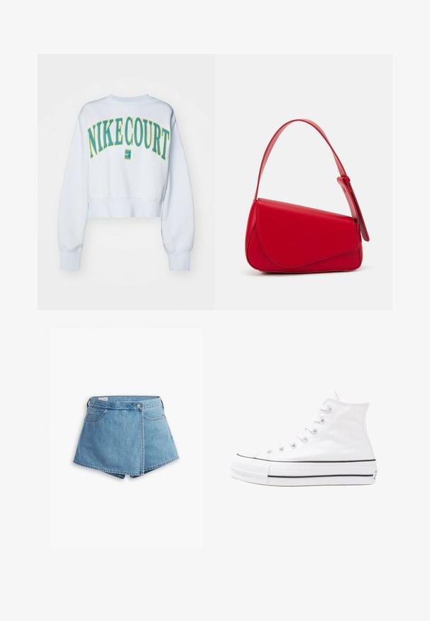 Nike Performance NIKECOURT CREW HERITAGE - Φούτερ - football grey/mineral teal; Σορτς από τζιν σε ανοιχτό μπλε χρώμα, με σχέδιο τύπου περιτυλίγματος, μπροστινές τσέπες και κλείσιμο με μεταλλικό κουμπί. Απαλή υφή με ραμμένα τελειώματα.; Λευκό ψηλό καμβαδάκι αθλητικό παπούτσι με μαύρη καουτσούκ σόλα, πρόσθιο καουτσούκ καλύμματος δακτύλου και έξι οπές για κορδόνια, με μια καθαρή και μίνιμαλ σχεδίαση.; Κόκκινη δερμάτινη τσάντα χειρός με γωνιακό, γεωμετρικό σχέδιο. Διαθέτει έναν ρυθμιζόμενο ιμάντα και κλείσιμο με καπάκι που έχει ραφές.