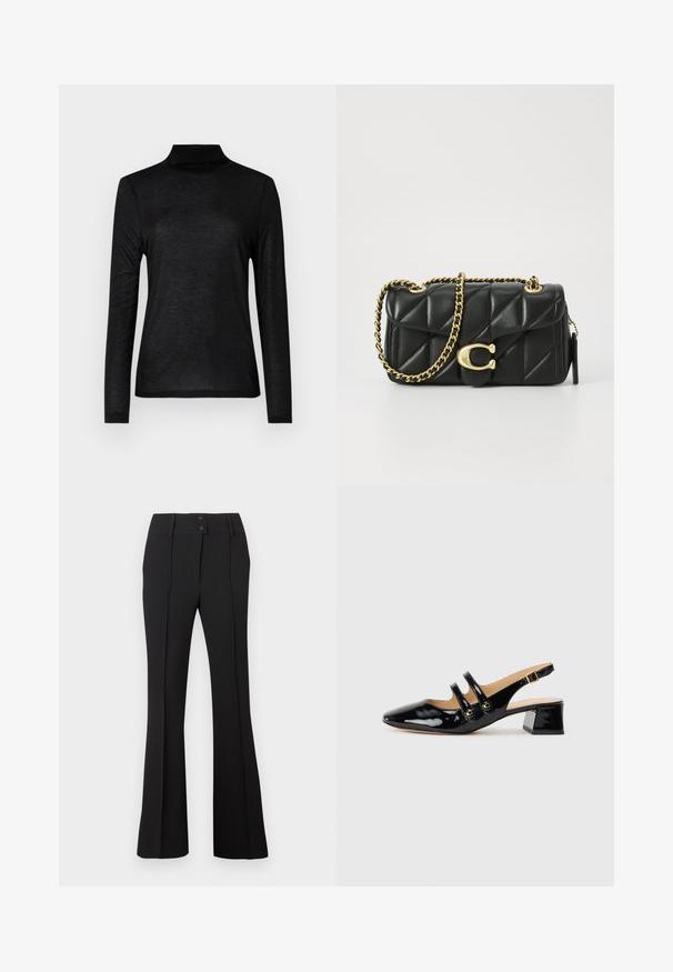 Fekete, hosszú ujjú garbó felső, sima, könnyű anyagból készült. Fitt fazonjú, magas nyakú, és nincs rajta minta.; Fekete, bővülő nadrág, két elülső gombbal, sima, textúrált anyagból, függőleges varrásokkal a kifinomult megjelenés érdekében.; Fekete lakkbőr slingback cipő hegyes orral, két pántos részlettel, arany kerek kiegészítőkkel és alacsony blokk sarkú kivitelben.; Fekete steppelt bőr kézitáska arany lánc pánttal és kör alakú akasztóval. Kompakt, téglalap alakú.