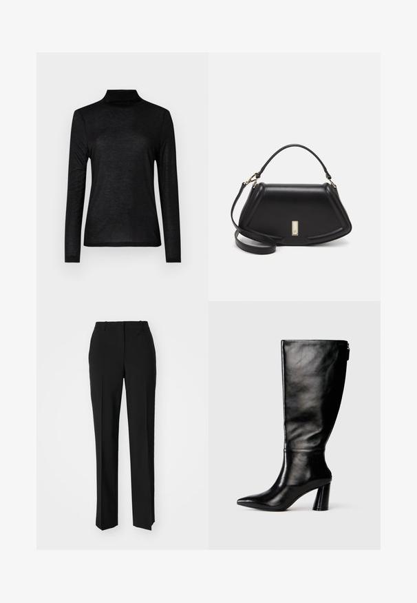 Haut turtleneck noir à manches longues en tissu lisse et léger. Présente un design ajusté avec un col haut et sans motifs.; Pantalon noir ajusté avec une coupe droite, présentant une texture lisse et des plis nets sur le devant. Aucune quincaillerie visible.; Botte en cuir noir à hauteur de genoux avec un bout pointu, une texture lisse et un talon épais. Elle présente un zip à l'arrière.; Sac à main en cuir noir avec un design structuré, featuring une forme cropped, une poignée supérieure et des accents en matériel doré. Bandoulière réglable incluse.