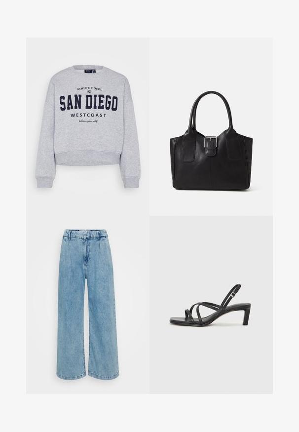 ONLY Petite ONLSWEAT LIFE CREW STATE - Sweatshirt - light grey melange; Lys blå denim vidbukser med høy midje, med legg, en jevn tekstur og ferdigkantede hem.; Sorte sandaler med stropper, firkantet tå og lav blokk hæl. Har flere tynne stropper og en justerbar ankelstropp. Laget av glatt lær.; Svart skinn toteveske med jevn tekstur, strukturert form, to håndtak og en fremtredende sølvspenne foran.