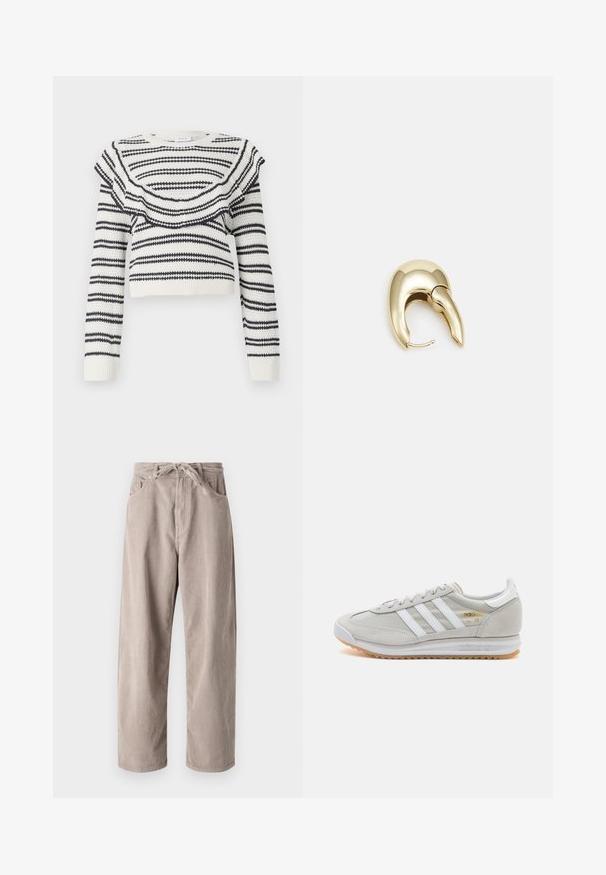 White knit sweater with black horizontal stripes, featuring a ruffled neckline and long sleeves. Cropped design with ribbed cuffs.; Beige corduroy trousers with a loose fit, featuring a drawstring waist, two front pockets, and vertical ribbed texture.; Light grey sneaker made of suede and mesh, featuring three white stripes, round toe, and a gum rubber sole. Gold logo accent near laces.; Gold-tone metal earring with a sleek, curved design. Features a distinctive pointed shape, polished surface, and hinge closure.