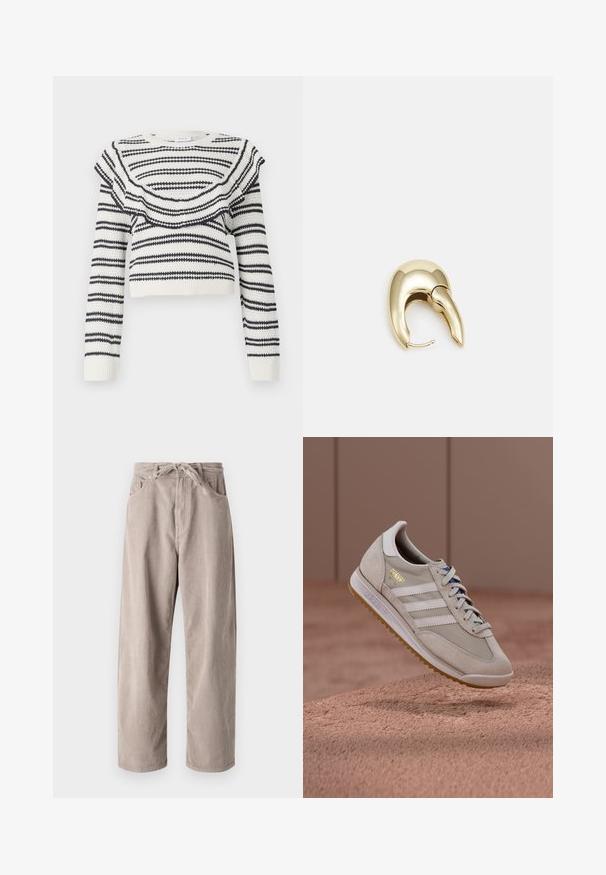 Baltas megztinis su juodais horizontaliais dryžiais, turintis voliotą kaklą ir ilgas rankoves. Trumpas dizainas su guma apykaklėse.; Šviesiai rudi kordūriniai kelniai, laisvo kirpimo, su raišteliu reguliuojamu juosmeniu, dviem priekinių kišenėlių ir vertikalia juostele.; Smėlio spalvos sportiniai bateliai su zomšiniu ir tinkliniu viršumi, baltais trimis juostelėmis, gumine padu, mėlynomis raištelėmis ir auksiniu logotipo akcentu. Klasikinis retro dizainas.; Aukso tono metalinės auskarai su stilingu, kreiviu dizainu. Išsiskiria ryškiu smailiu pavidalu, poliruota paviršiumi ir užsegimu su vyriu.