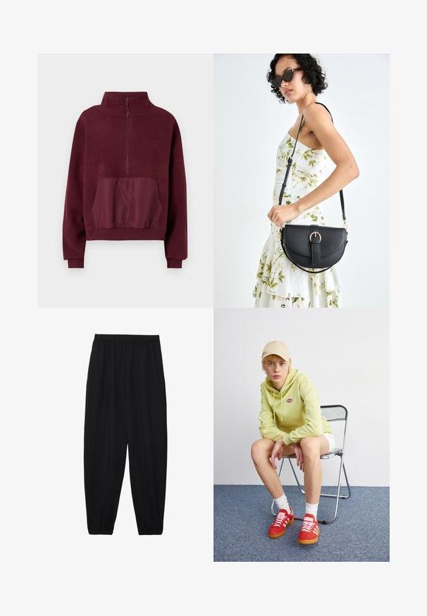 ONLY ONLLIA LIFE HALF ZIP - Camisola de lã polar - port royale; Calças pretas, leves, com um cinto elástico e punhos franzidos. O tecido é suave e apresenta um design relaxado e afunilado.; Hoodie verde claro com logótipo, calções brancos, ténis vermelhos com riscas brancas, sentado numa cadeira de alumínio contra um fundo neutro.; Bolsa de couro preta com forma curva, alça destacável e detalhes em dourado. A bolsa possui uma aba com detalhe de fivela.