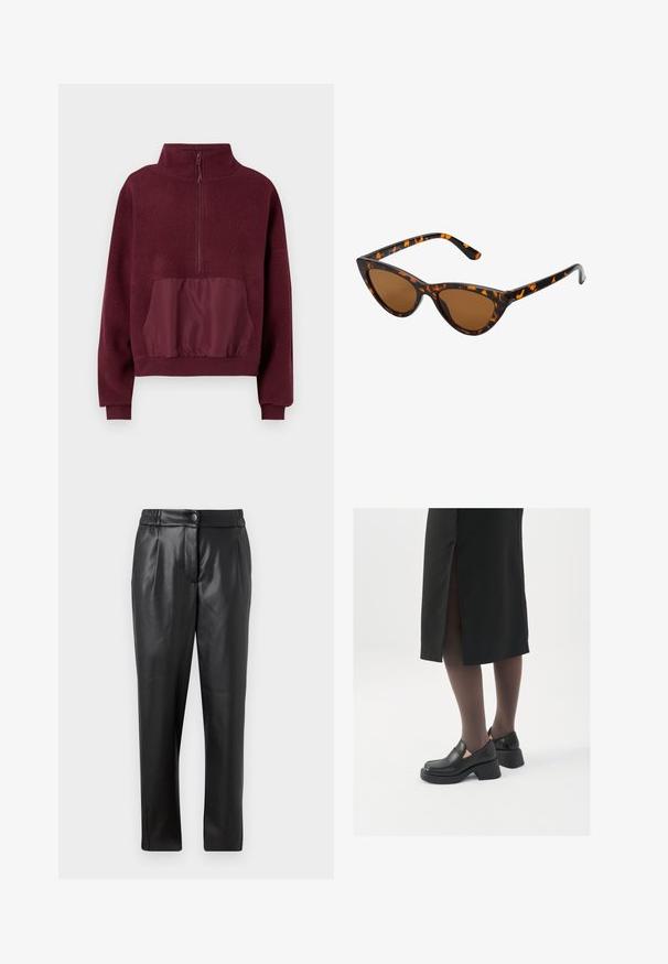 ONLY ONLLIA LIFE HALF ZIP - Fleecová mikina - port royale; Černé kožené kalhoty s hladkou texturou, rovným střihem, elastickým pasem a zapínáním na knoflík vpředu; s plisovanými detaily a zúženými nohavicemi.; Černé kožené boty s kulatou špičkou, silným blokovým podpatkem a elastickými bočními akcenty, spárované s tmavými punčochami a černou sukní se rozparkem.; Sluneční brýle ve stylu kočičích očí s černo-oranžovým želvovinovým rámem, hnědými skly a elegantními, špičatými konci. Obsahují minimalistické logo na straně.