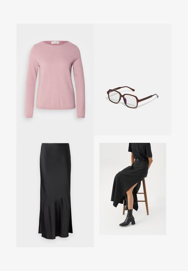 Marc O'Polo LONGSLEEVE ROUND NECK - Πουλόβερ - dark mauve; Μαύρη σατέν μεσαία φούστα με μοντέρνο σχεδιασμό, που διαθέτει ελαφριά καμπύλη στο στρίφωμα και πλαϊνό άνοιγμα για ελευθερία κινήσεων. Λείο υλικό.; Μαύρη λινή μακριά φούστα με ψηλή σχισμή, φορεμένη με μαύρη μπλούζα και μαύρες μπότες μέχρι τον αστράγαλο. Μινιμαλιστικός σχεδιασμός με άνετη εφαρμογή.; Καφέ, ορθογώνια γυαλιά με διαφανείς φακούς και μωβ ανταύγειες. Λείος πλαστικός σκελετός με ίσιους βραχίονες και διακριτές λεπτομέρειες.