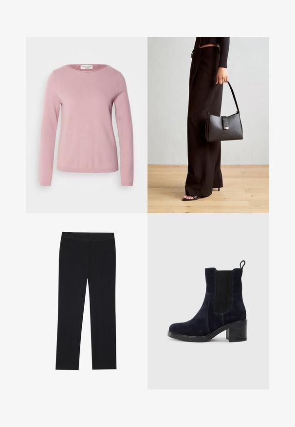 Marc O'Polo LONGSLEEVE ROUND NECK - Vesta - dark mauve; Crne hlače s ravnim krojem, s bočnim džepovima i glatkom teksturom tkanine. Minimalni detalji, čista elastična traka.; Tamno plavi antilop čizmi do gležnja s elastičnom bočnom panelom, zaobljenim vrhom i blok petom. Teksturni materijal i glatka đon dodaju kontrast.; Crna torba s oblikom koji sadrži strukturu, glađu teksturu i metalnu kopču. Uparena s širokim crnim hlačama i sandalama na otvorenom s drvenog poda.