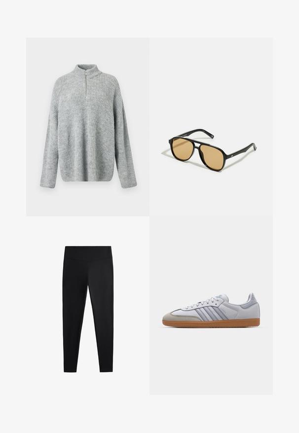 Jasnoszary, dziany sweter z wysokim kołnierzem i pół-zamkiem; charakteryzuje się luźnym krojem i prążkowaną strukturą materiału.; Czarne legginsy wykonane z gładkiego, elastycznego materiału. Posiadają szeroki pas oraz zwężany krój nogawek, odpowiednie zarówno do aktywności fizycznej, jak i na co dzień.; Białe skórzane trampki z jasnoniebieskimi akcentami, szarym zamszowym noskiem i brązową gumową podeszwą. Posiadają trzy niebieskie paski oraz logo "Samba".; Czarne okulary przeciwsłoneczne z brązowymi szkłami; prostokątny kształt z grubą oprawą, z delikatnymi akcentami na zausznikach.