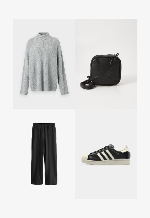 Svetlo šedý, pletený pulóver s vysokým golierom a polovičným zipsom; má voľný strih a rebrovanú textúru po celej látke.; Čierne nohavice po kolená vyrobené z ľahkej tkaniny. Elastický pás a hladká textura so strihom priamo. Žiadne viditeľné detaily alebo vzory.; Čierne kožené tenisky s bielymi pruhmi, gumenou špičkou, čiernymi šnúrkami a krémovobielou podrážkou. Hladký povrch s lesklým finišom.; Čierna štvorec krossbody taška vyrobená z textúrovaného syntetického materiálu. Obsahuje embosovanú logo úpravu a nastaviteľný popruh. Zapínanie na zips.